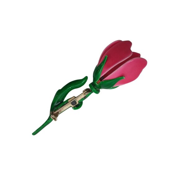 Vintage Pink Rose Enamel Flower Brooch Pin With Green Stem & Leaf Design - Picture 3 of 5